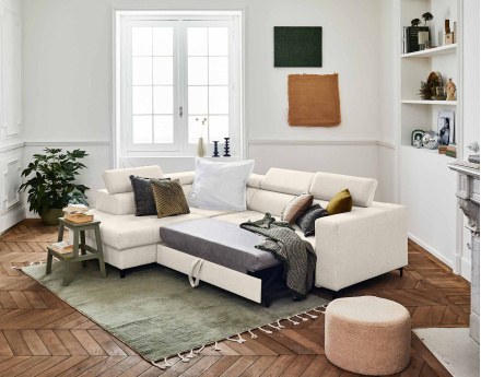 Canapé d'angle gauche 5 places convertible avec coffre et têtières en tissu Olinda