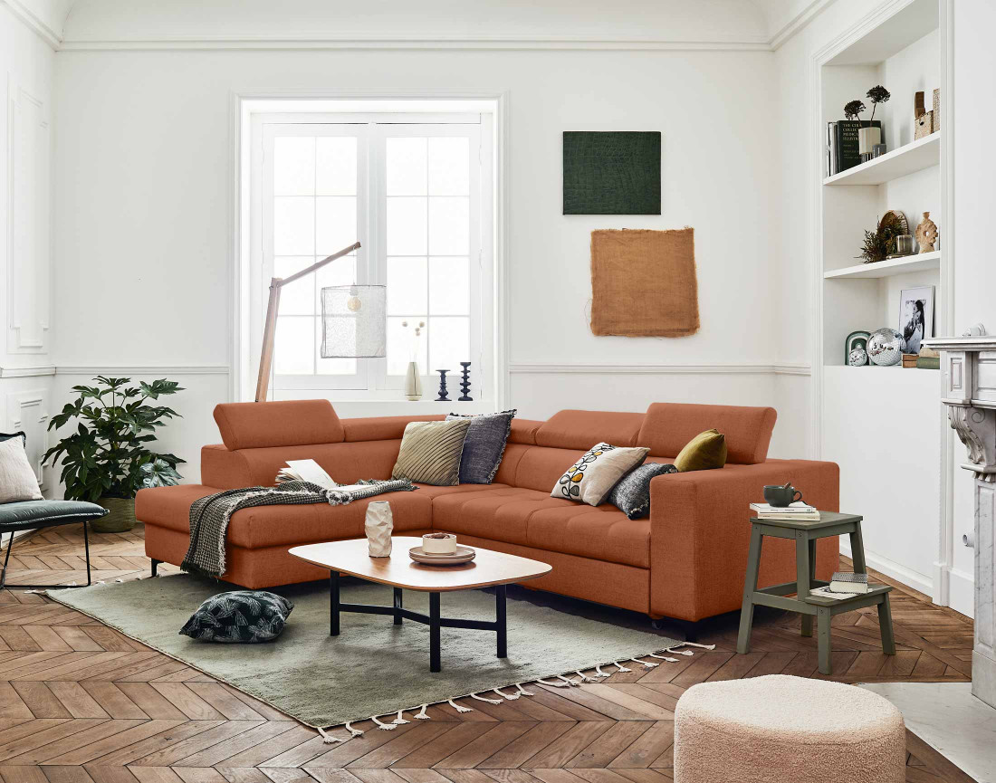 Canapé d'angle gauche 5 places convertible avec coffre et têtières en tissu Olinda