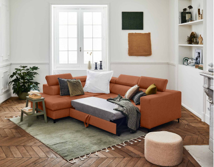 Canapé d'angle gauche 5 places convertible avec coffre et têtières en tissu Olinda