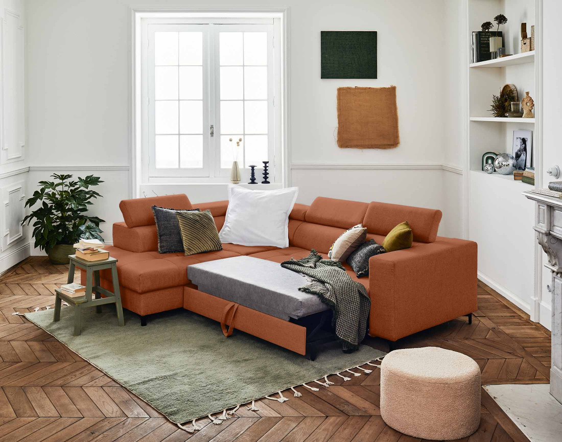 Canapé d'angle gauche 5 places convertible avec coffre et têtières en tissu Olinda