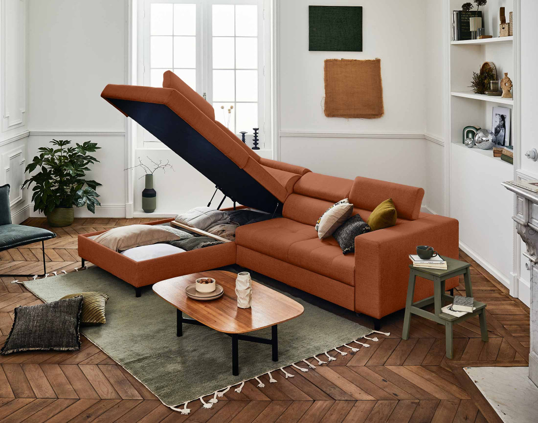 Canapé d'angle gauche 5 places convertible avec coffre et têtières en tissu Olinda