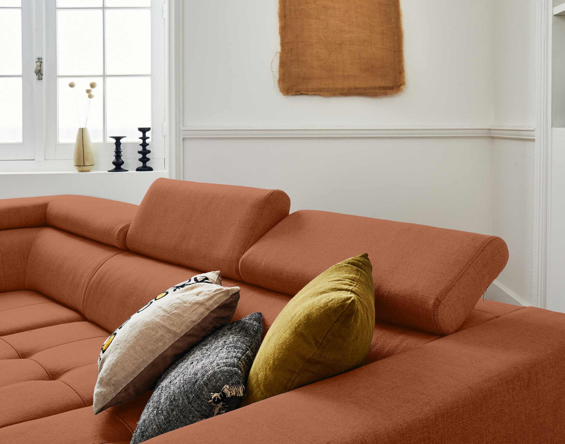 Canapé d'angle gauche 5 places convertible avec coffre et têtières en tissu Olinda