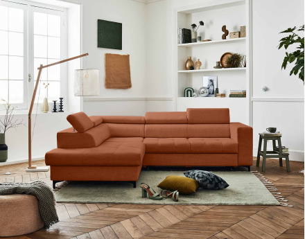 Canapé d'angle gauche 5 places convertible avec coffre et têtières en tissu Olinda