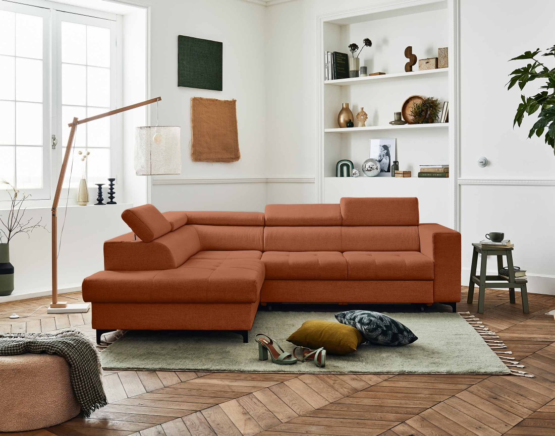 Canapé d'angle gauche 5 places convertible avec coffre et têtières en tissu Olinda