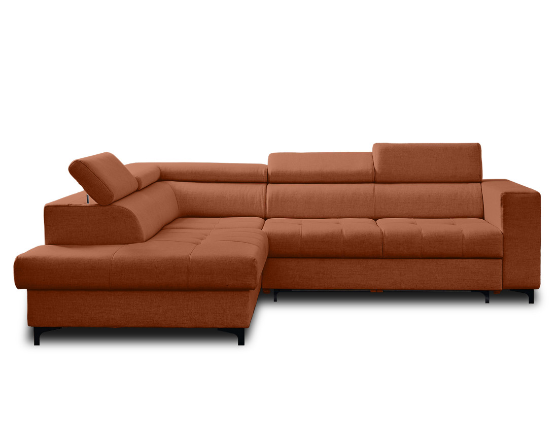 Canapé d'angle gauche 5 places convertible avec coffre et têtières en tissu Olinda