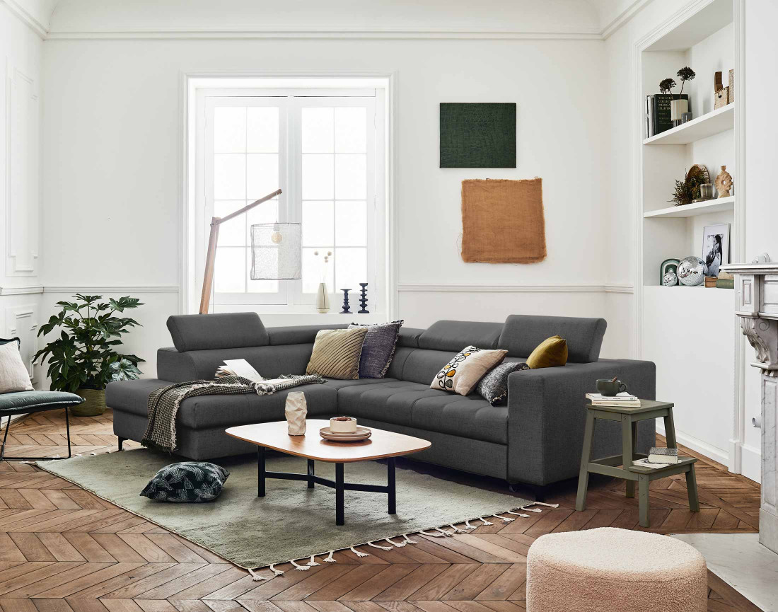 Canapé d'angle gauche 5 places convertible avec coffre et têtières en tissu Olinda