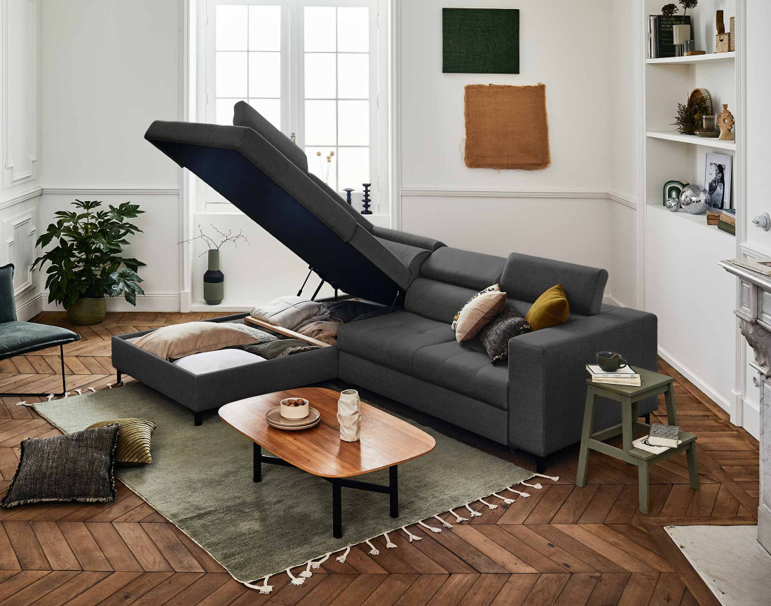 Canapé d'angle gauche 5 places convertible avec coffre et têtières en tissu Olinda