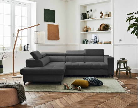 Canapé d'angle gauche 5 places convertible avec coffre et têtières en tissu Olinda