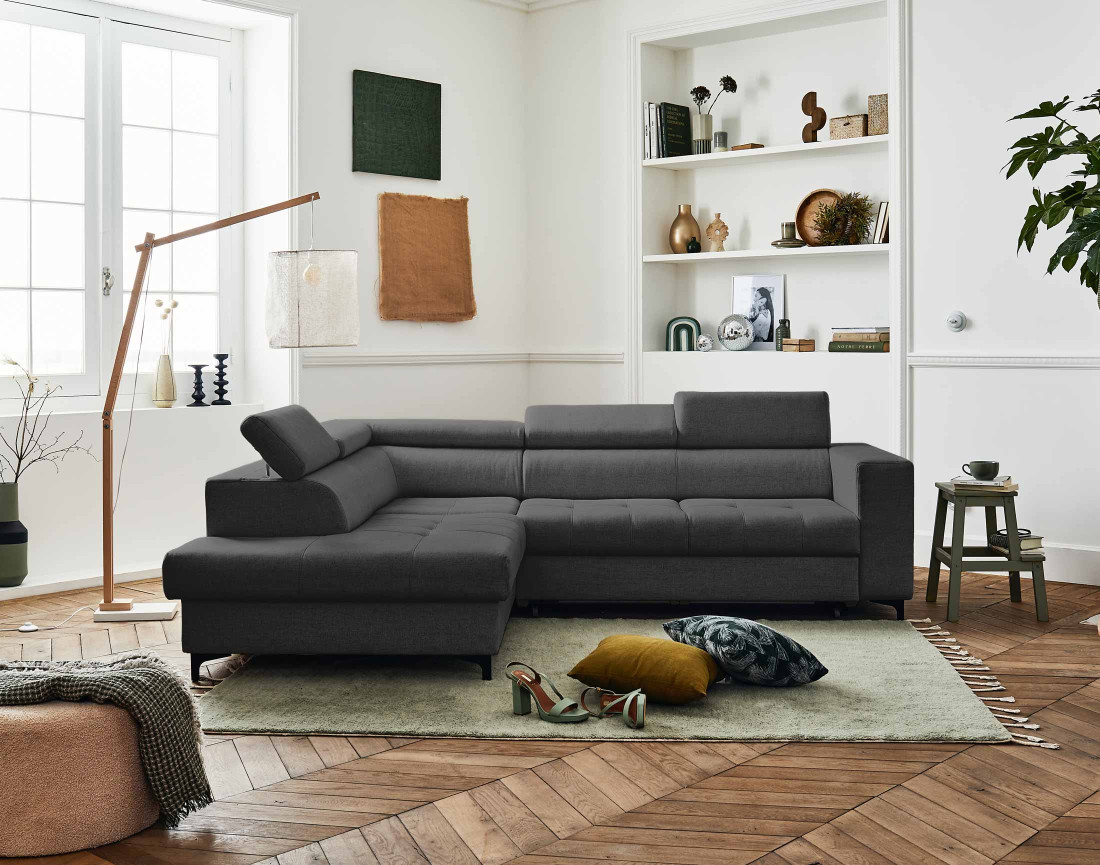 Canapé d'angle gauche 5 places convertible avec coffre et têtières en tissu Olinda