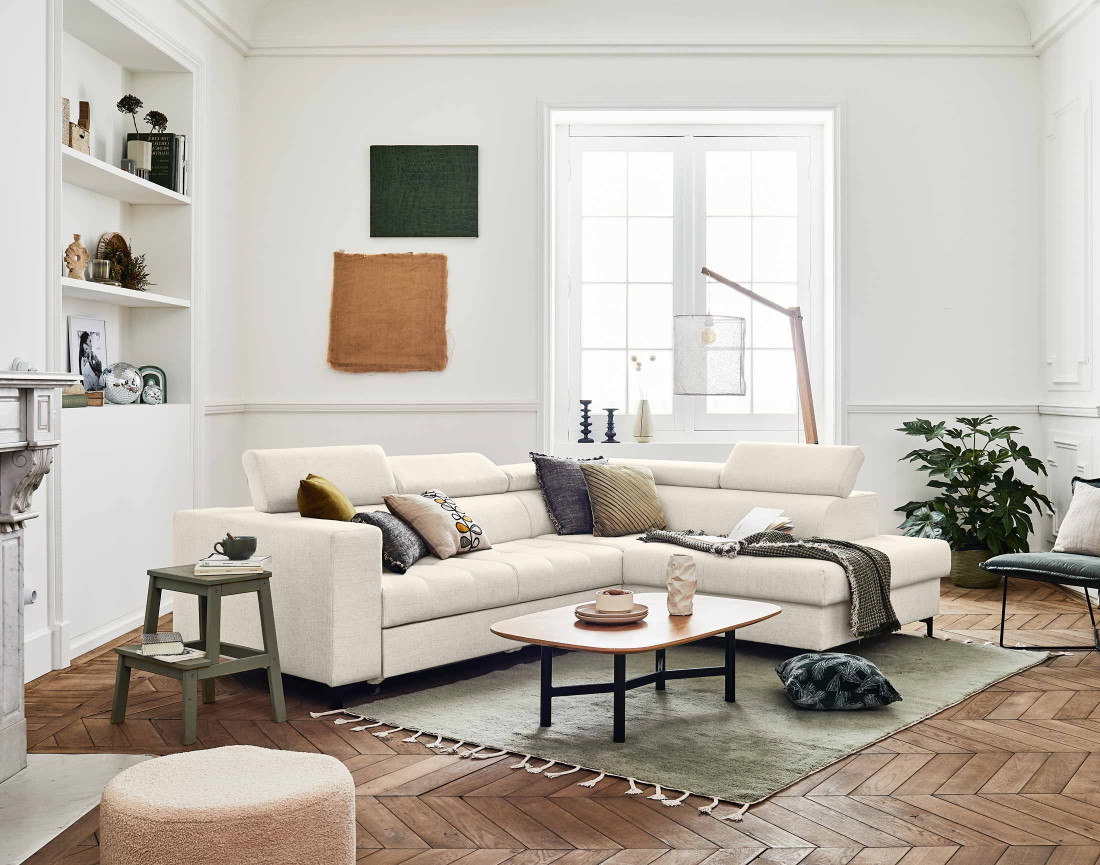 Canapé d'angle gauche 5 places convertible avec coffre et têtières réglables en tissu Olinda