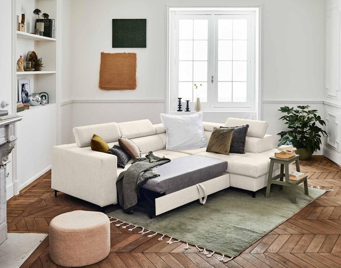 Canapé d'angle gauche 5 places convertible avec coffre et têtières réglables en tissu Olinda