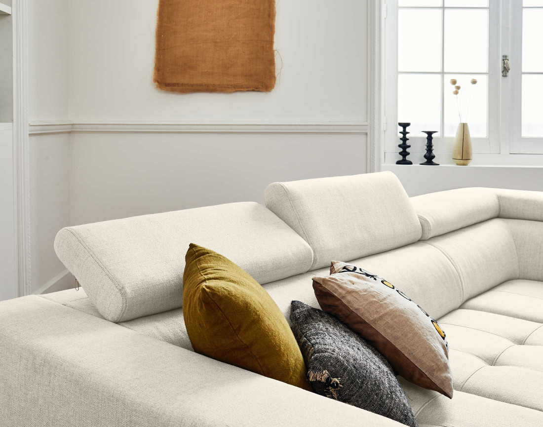 Canapé d'angle gauche 5 places convertible avec coffre et têtières réglables en tissu Olinda