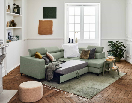 Canapé d'angle gauche 5 places convertible avec coffre et têtières réglables en tissu Olinda