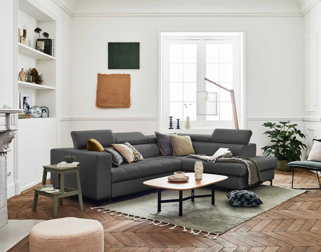 Canapé d'angle gauche 5 places convertible avec coffre et têtières réglables en tissu Olinda