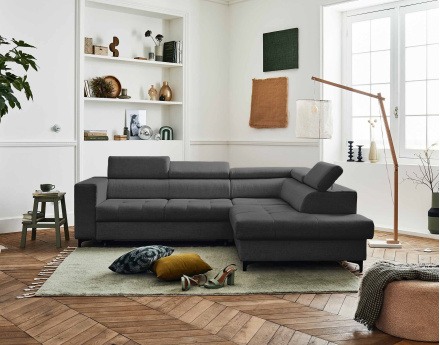 Canapé d'angle gauche 5 places convertible avec coffre et têtières réglables en tissu Olinda