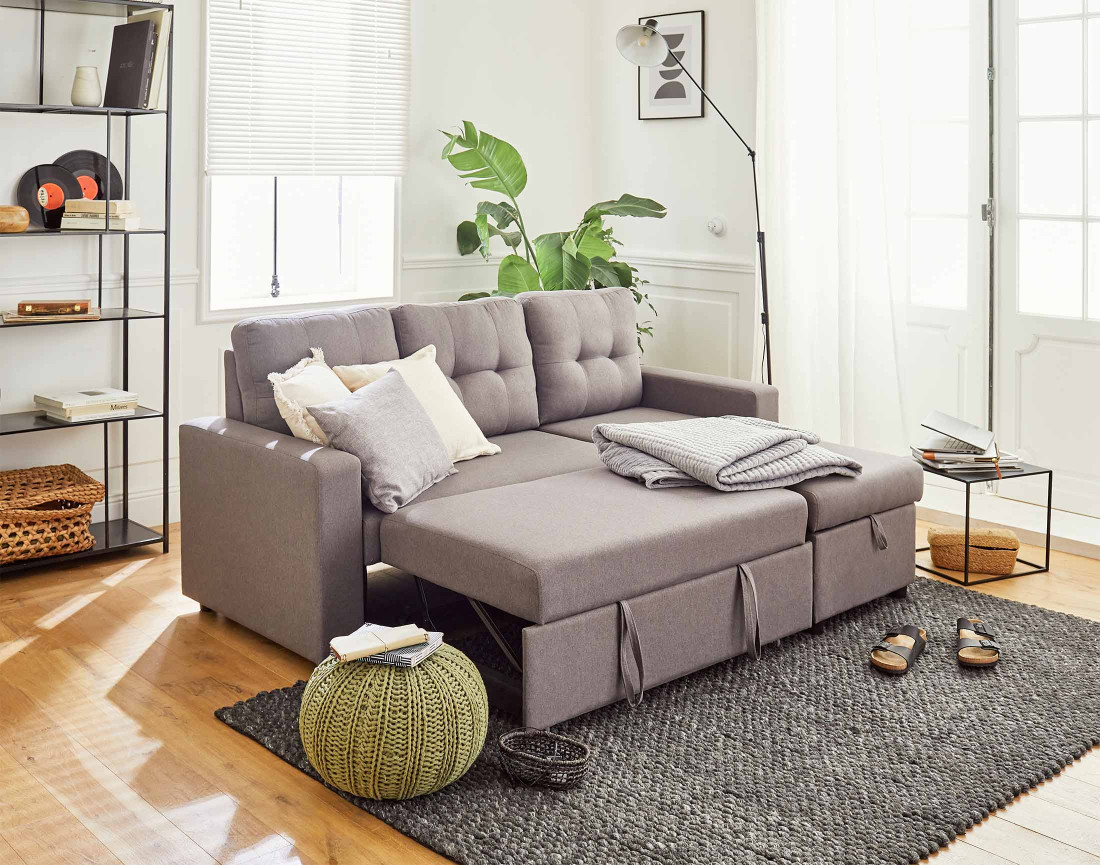 Canapé d'angle réversible 4 places convertible avec coffre en tissu Tulipe