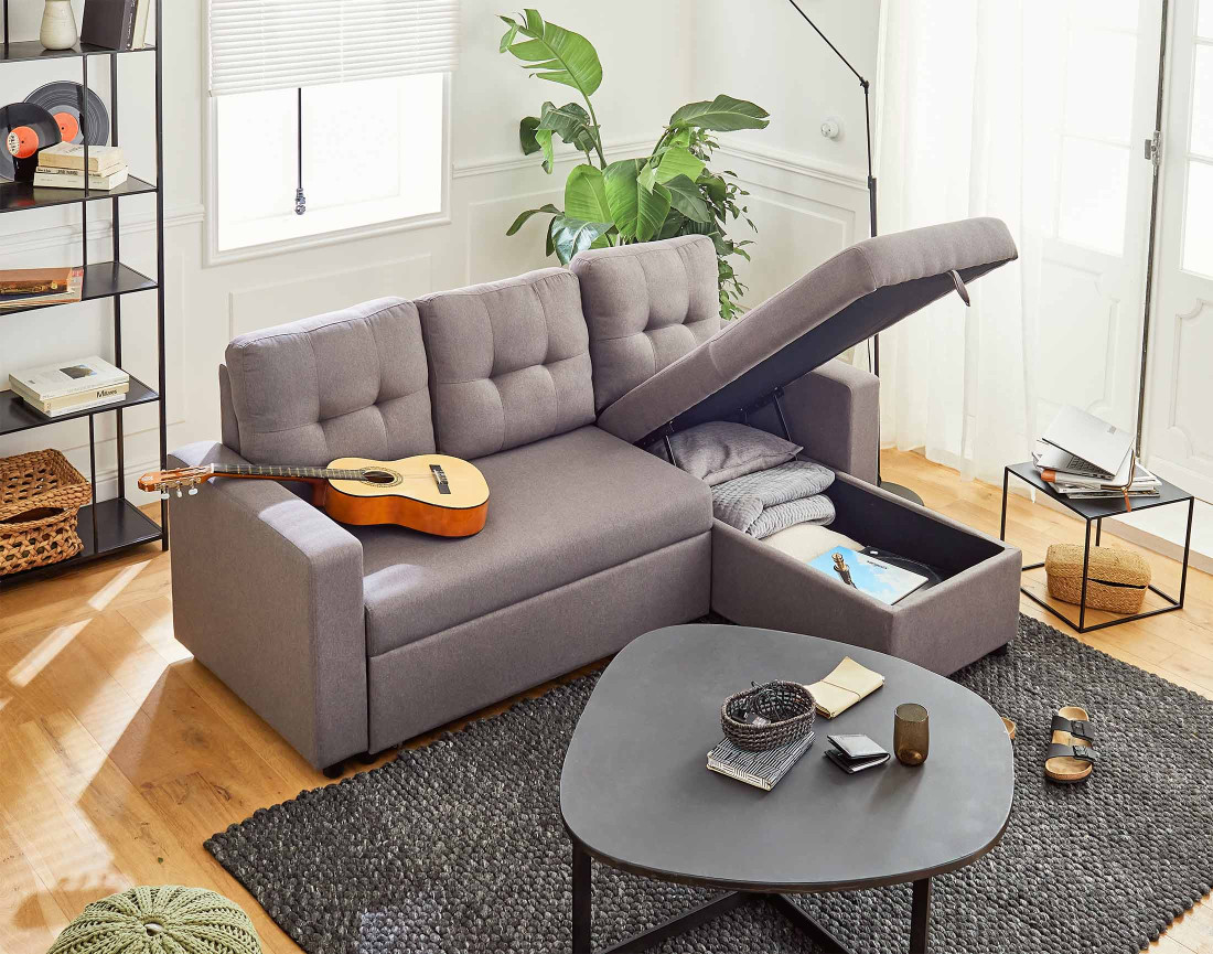 Canapé d'angle réversible 4 places convertible avec coffre en tissu Tulipe