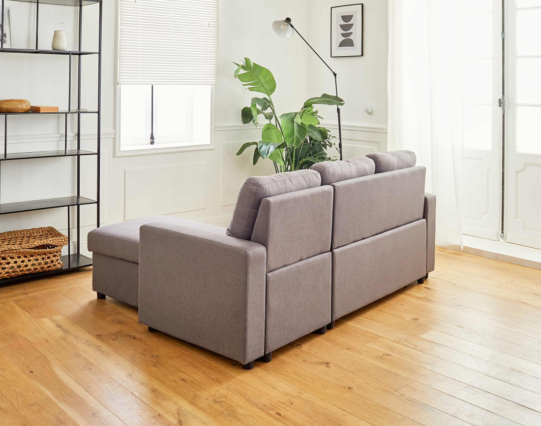 Canapé d'angle réversible 4 places convertible avec coffre en tissu Tulipe