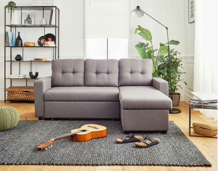 Canapé d'angle réversible 4 places convertible avec coffre en tissu Tulipe