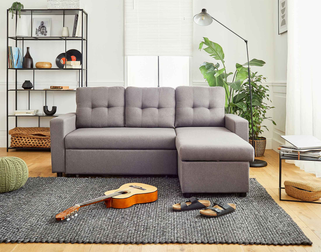 Canapé d'angle réversible 4 places convertible avec coffre en tissu Tulipe