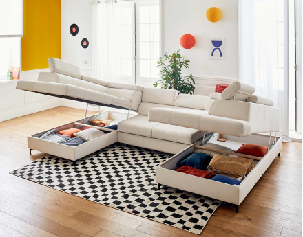 Canapé panoramique en U 7 places convertible avec coffres et têtières réglables en velours Merida