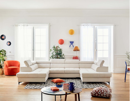 Canapé panoramique en U 7 places convertible avec coffres et têtières réglables en velours Merida