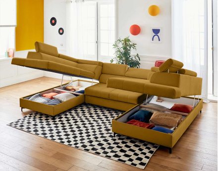 Canapé panoramique en U 7 places convertible avec coffres et têtières réglables en velours Merida