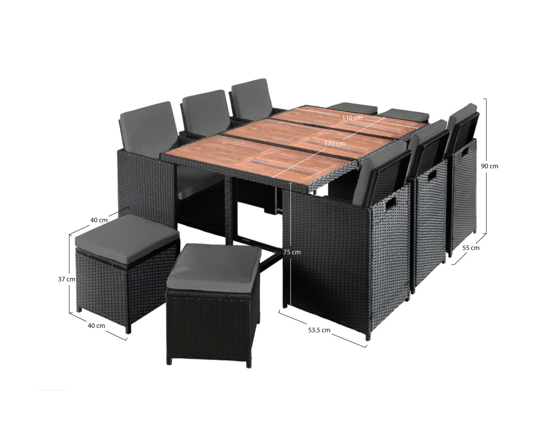 Salon de jardin encastrable 10 places - en résine tressée - Noir avec coussins beiges + housse de protection - Cuba