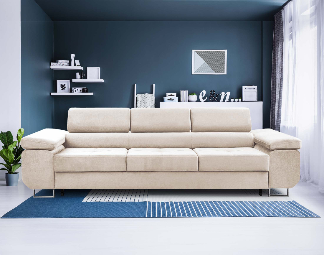 Canapé 3 places convertible avec têtières réglables en velours Pablo