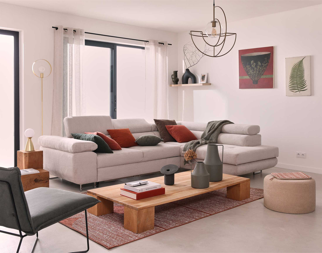 Canapé d'angle droit convertible avec coffre et têtières 5 places en velours côtelé Zaria