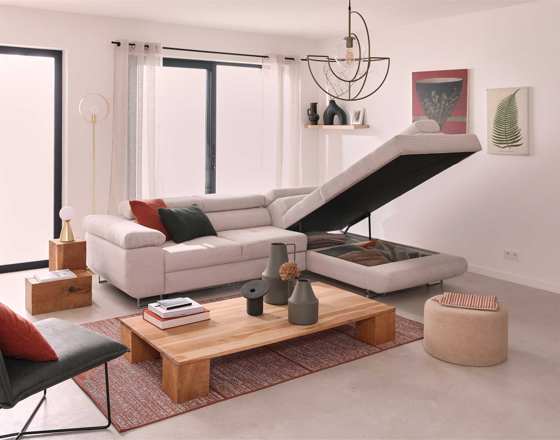 Canapé d'angle droit convertible avec coffre et têtières 5 places en velours côtelé Zaria