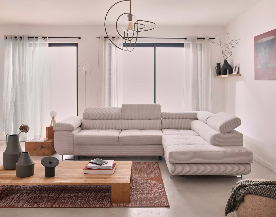 Canapé d'angle droit convertible avec coffre et têtières 5 places en velours côtelé Zaria