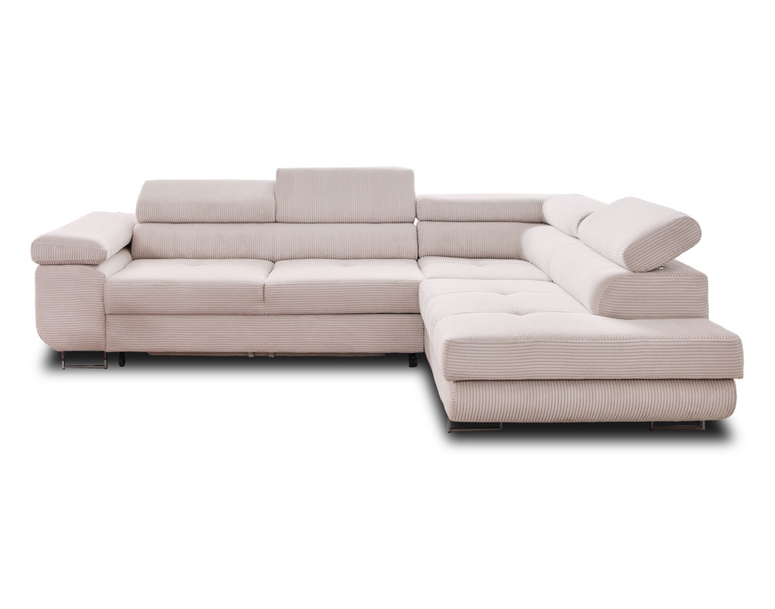 Canapé d'angle droit convertible avec coffre et têtières 5 places en velours côtelé Zaria