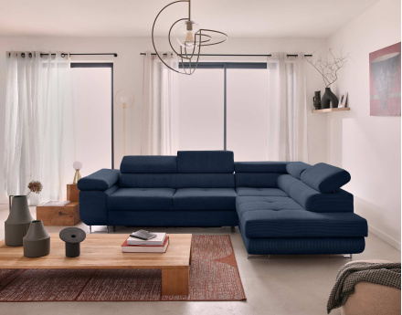 Canapé d'angle droit convertible avec coffre et têtières 5 places en velours côtelé Zaria