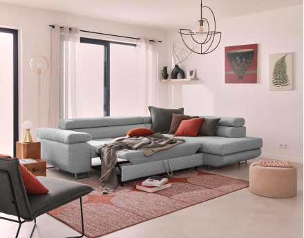 Canapé d'angle droit convertible avec coffre et têtières 5 places en velours côtelé Zaria