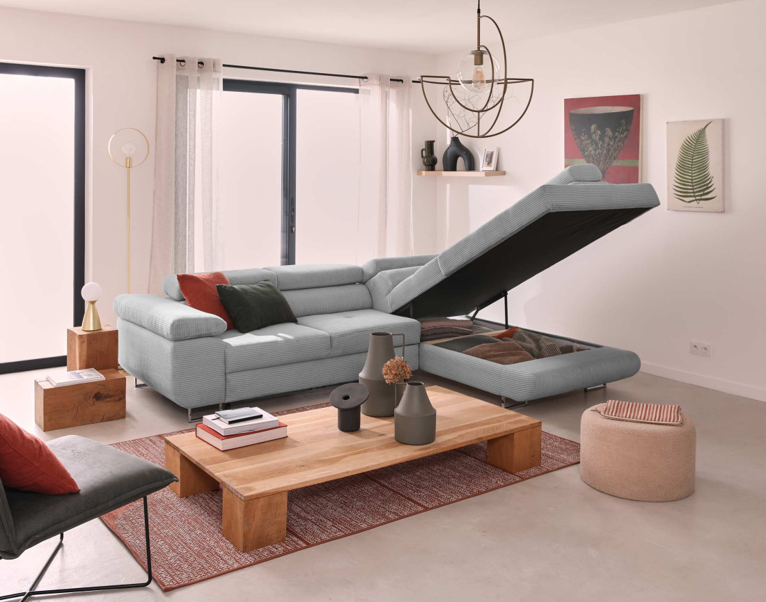 Canapé d'angle droit convertible avec coffre et têtières 5 places en velours côtelé Zaria