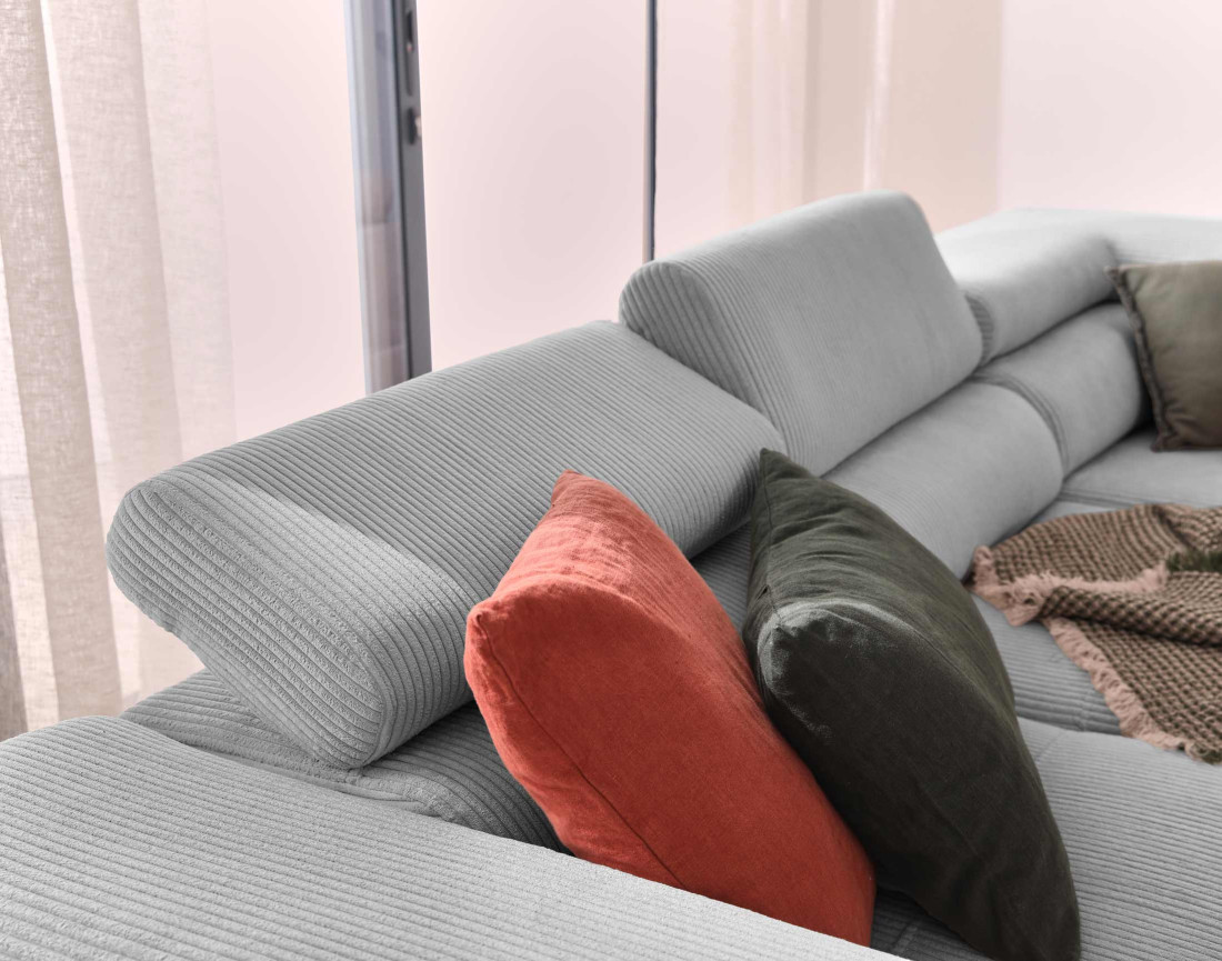 Canapé d'angle droit convertible avec coffre et têtières 5 places en velours côtelé Zaria