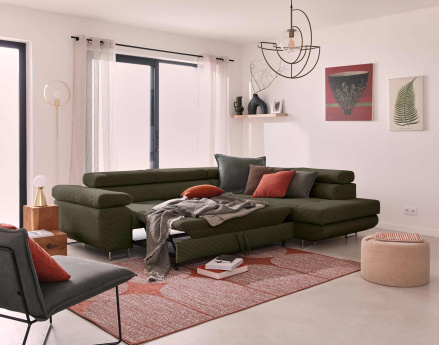 Canapé d'angle droit convertible avec coffre et têtières 5 places en velours côtelé Zaria