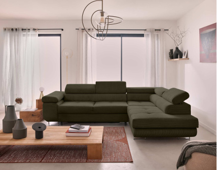 Canapé d'angle droit convertible avec coffre et têtières 5 places en velours côtelé Zaria