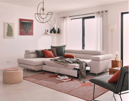 Canapé d'angle gauche convertible avec coffre et têtières 5 places en velours côtelé Zaria