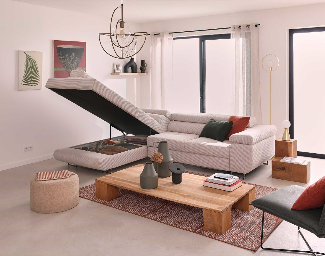 Canapé d'angle gauche convertible avec coffre et têtières 5 places en velours côtelé Zaria