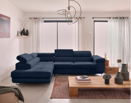 Canapé d'angle gauche convertible avec coffre et têtières 5 places en velours côtelé Zaria