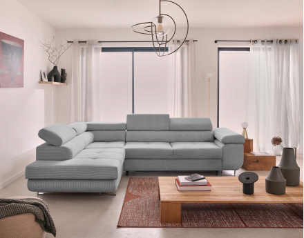 Canapé d'angle gauche convertible avec coffre et têtières 5 places en velours côtelé Zaria