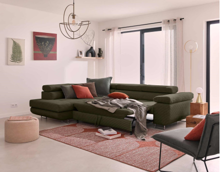 Canapé d'angle gauche convertible avec coffre et têtières 5 places en velours côtelé Zaria