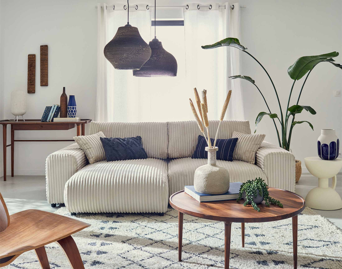 Canapé d'angle réversible 4 places en velours côtelé grosses côtes Garance