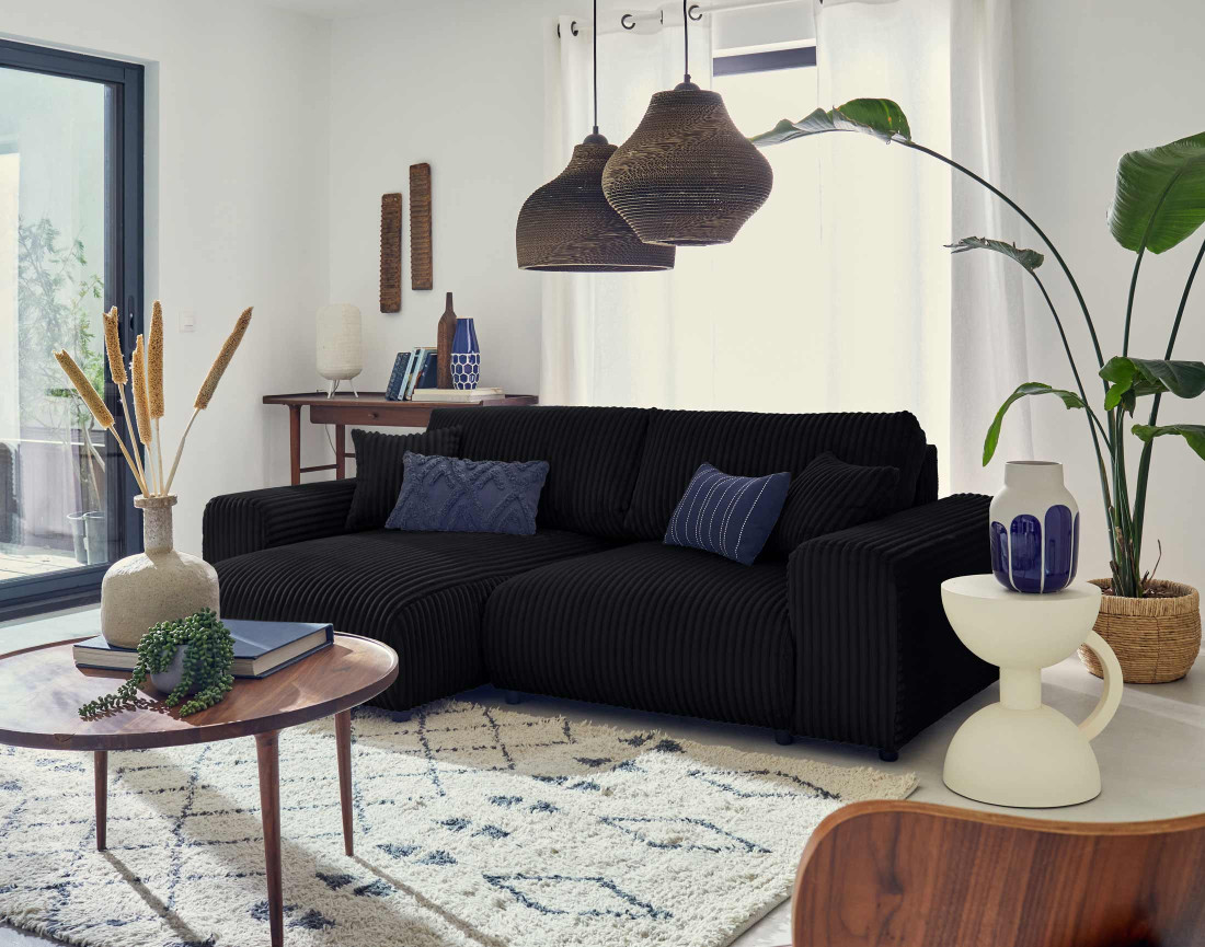 Canapé d'angle réversible 4 places en velours côtelé grosses côtes Garance