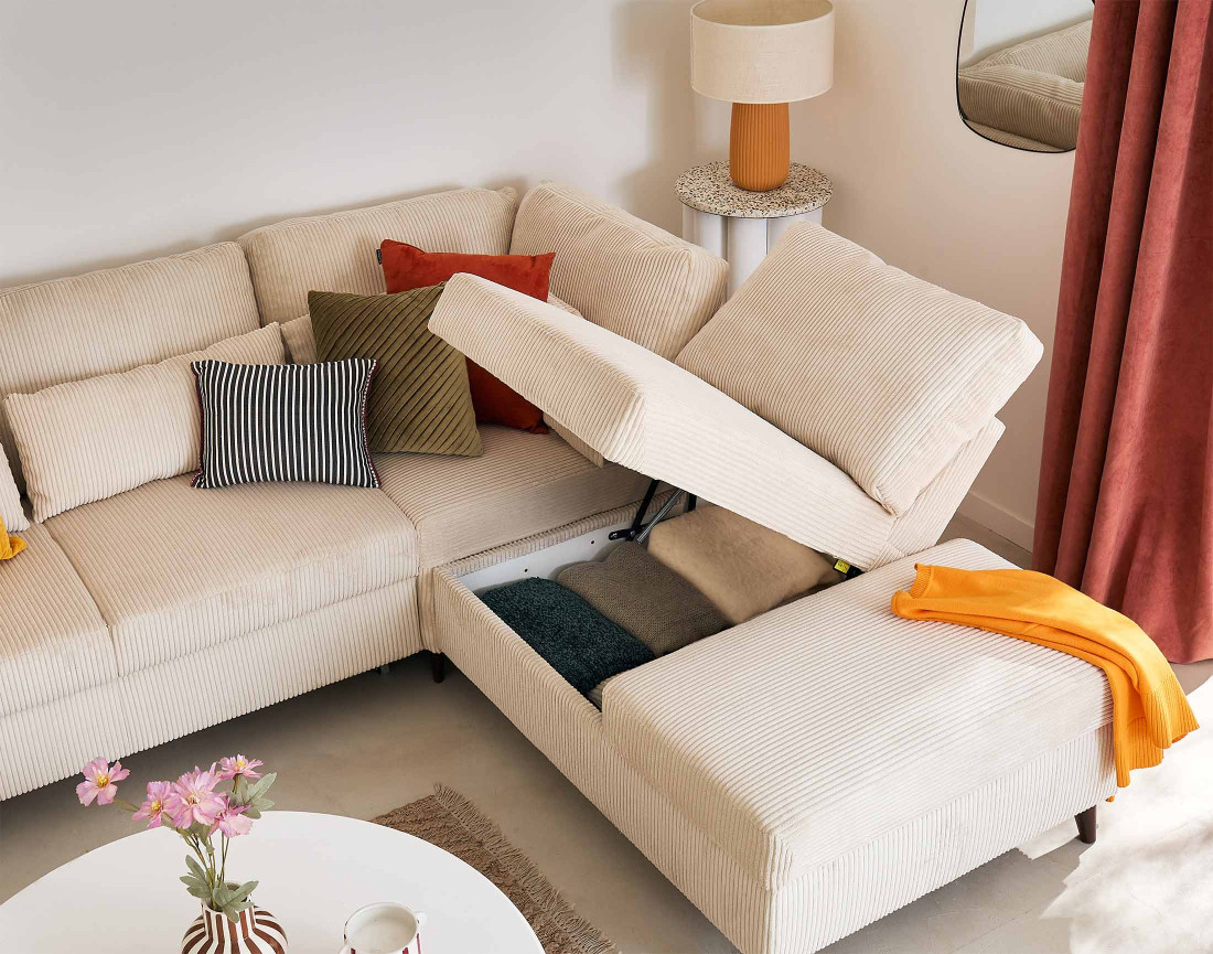 Canapé d'angle réversible 5 places convertible avec coffre en velours côtelé - Aubépine