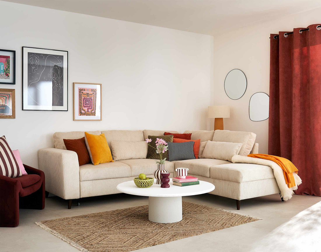 Canapé d'angle réversible 5 places convertible avec coffre en velours côtelé - Aubépine