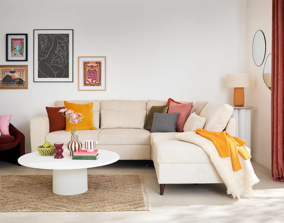 Canapé d'angle réversible 5 places convertible avec coffre en velours côtelé - Aubépine