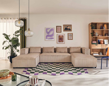 Canapé panoramique en U 7 places en velours côtelé grosses côtes Stella